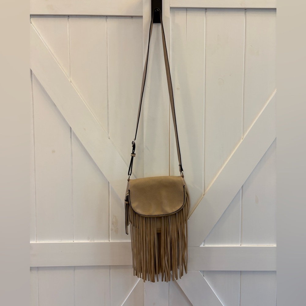 Melie Bianco Winnie Fringe Vegan Leather Nude Crossbody Bag